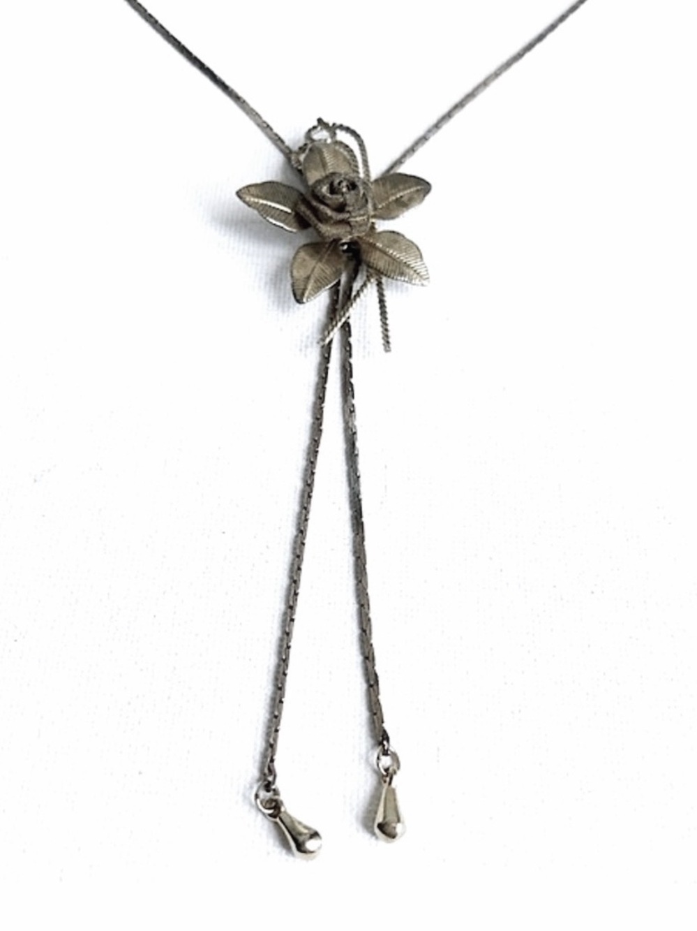 Vintage Silver Flower Bolo Tie with Silver Tone Metal Cord Necklace
